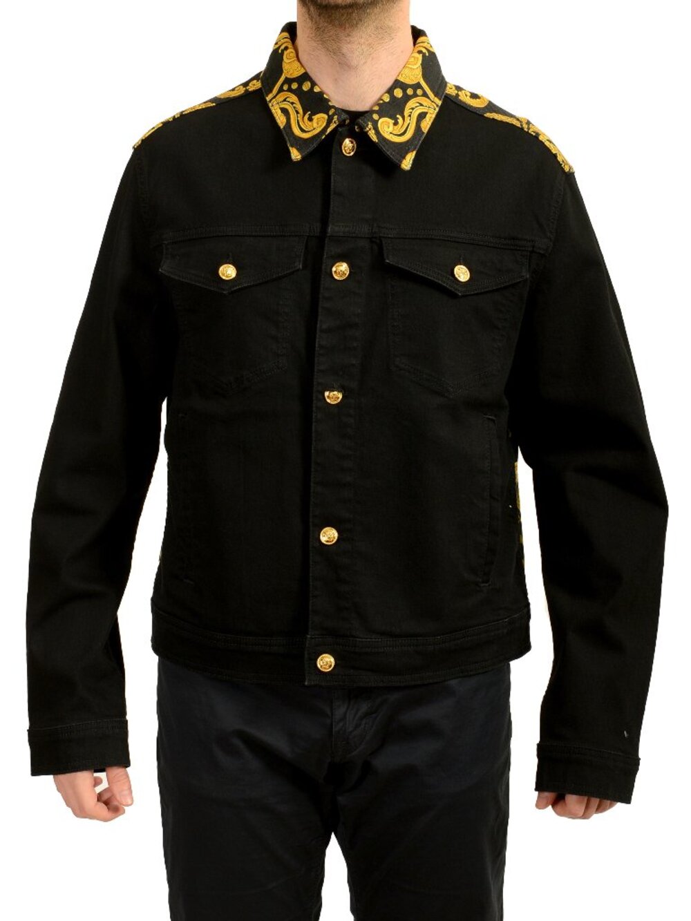 Versace Men's Black Denim Signature Print Button Down Jacket US 2XL IT 56